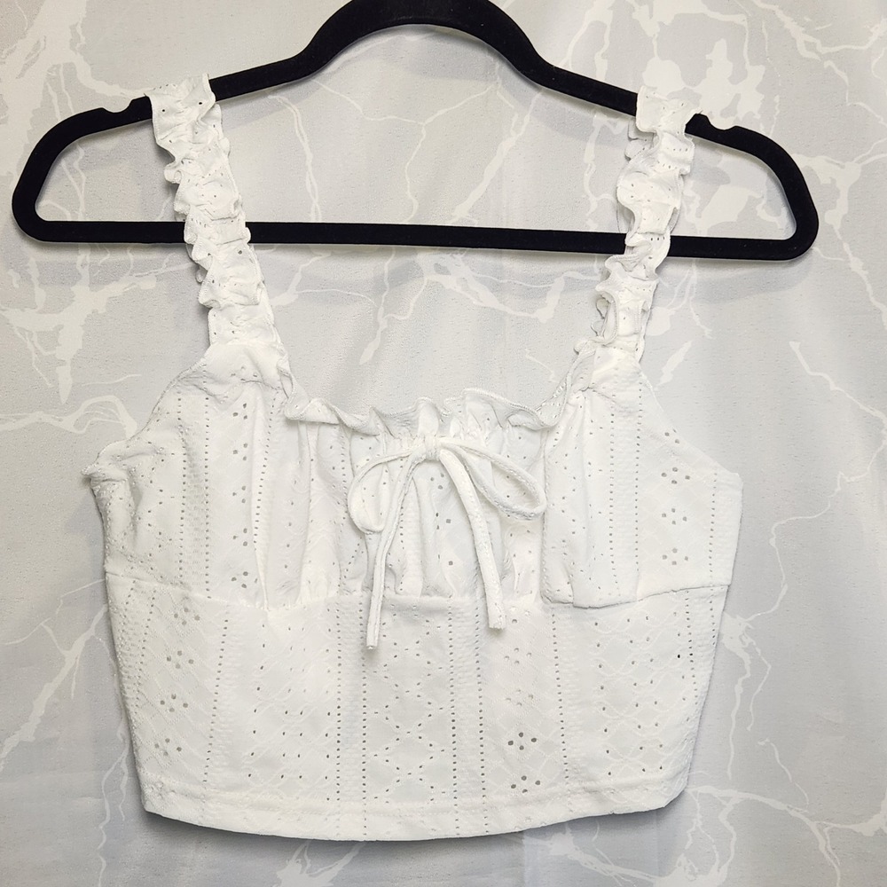 Shein Knit Lace Crop Tank Top Women's‎ L White Ruffle Neckline Straps Front Bow